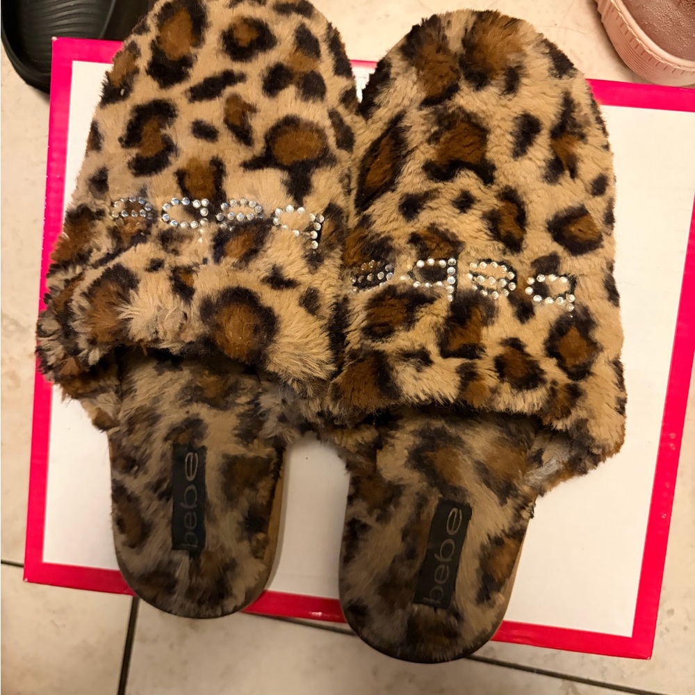 Bebe Brown Leopard Faux Fur Slippers